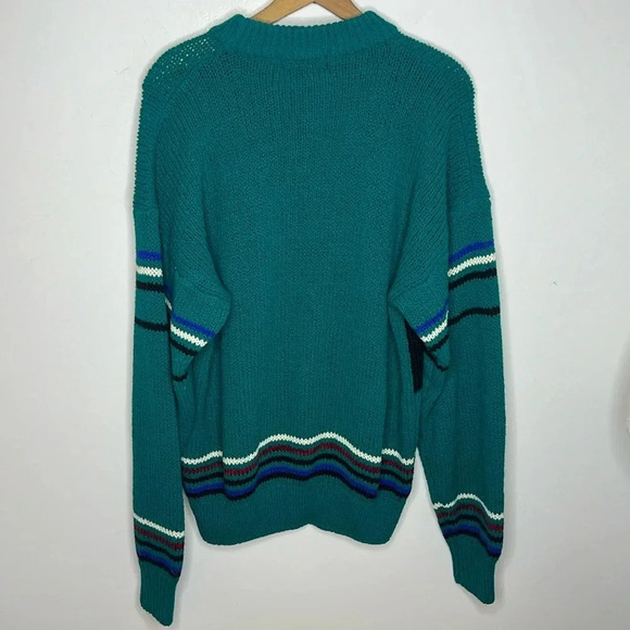 Vintage 90s Oakton Aztec All Over Print Grandpa Aesthetic Teal Knit Sweater - Picture 6 of 8